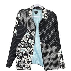 August Max‎ SILK Floral Patchwork Pattern Button Down Lined Blazer Jacket Black